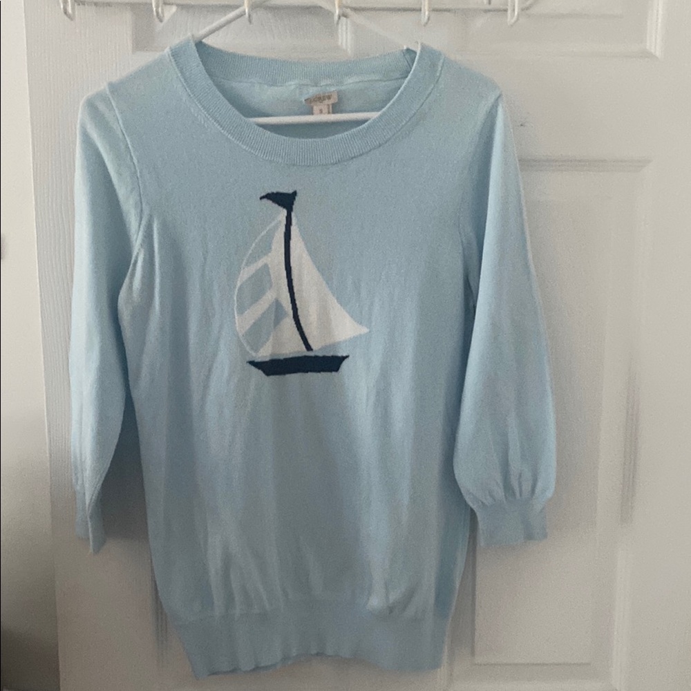 J. Crew Light Blue Sweater w sailboat dedign. S. 100% cotton PTP about 17.5